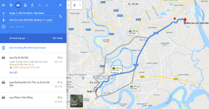 Đường đến khu du lịch suối Ong trên Gg.maps